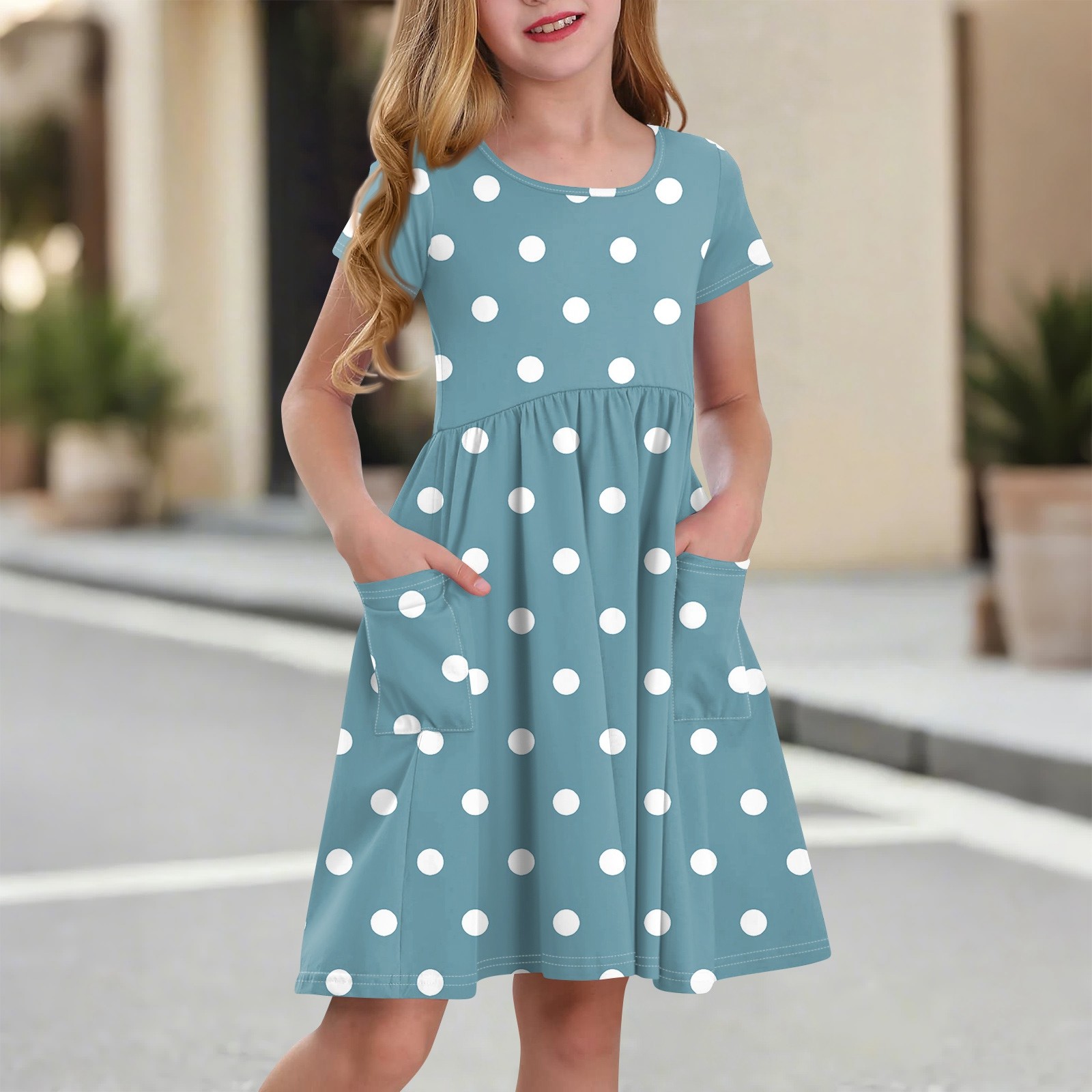 XADYUY Girls Summer Dress Size 14-16 Twirly A-Line Short Sleeve Midi Dress Polka Dot Basic Crew Neck Swing Sundresses with Pockets for 4-14t Kids,Blue 10-11 Years